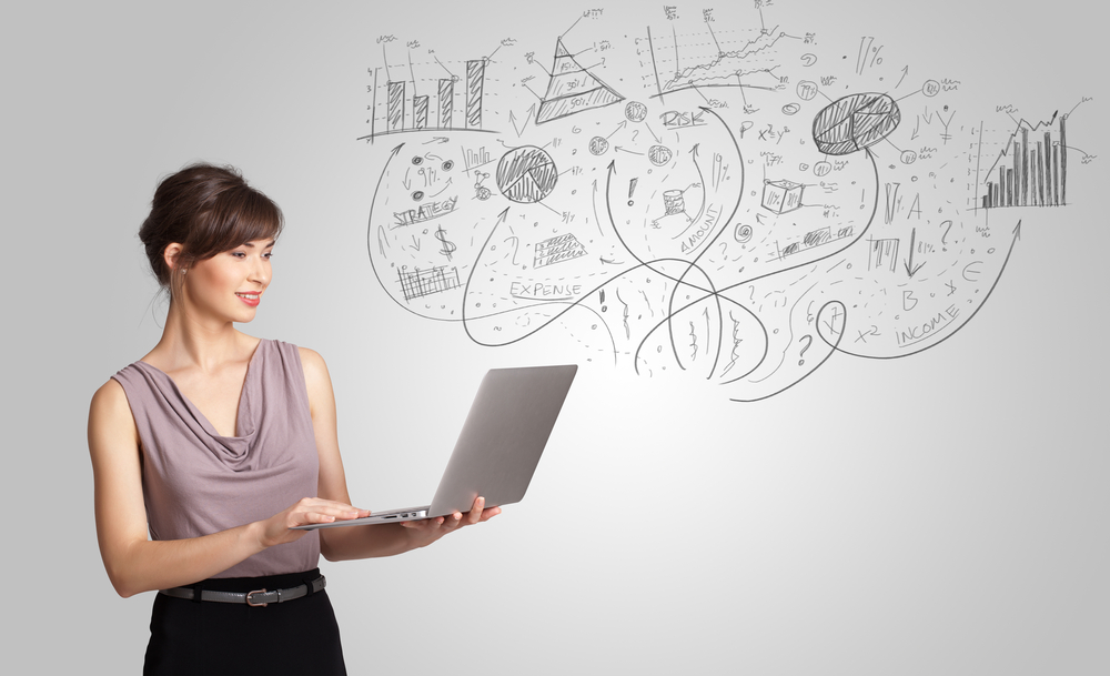 Business girl presenting hand drawn sketch graphs and charts concept